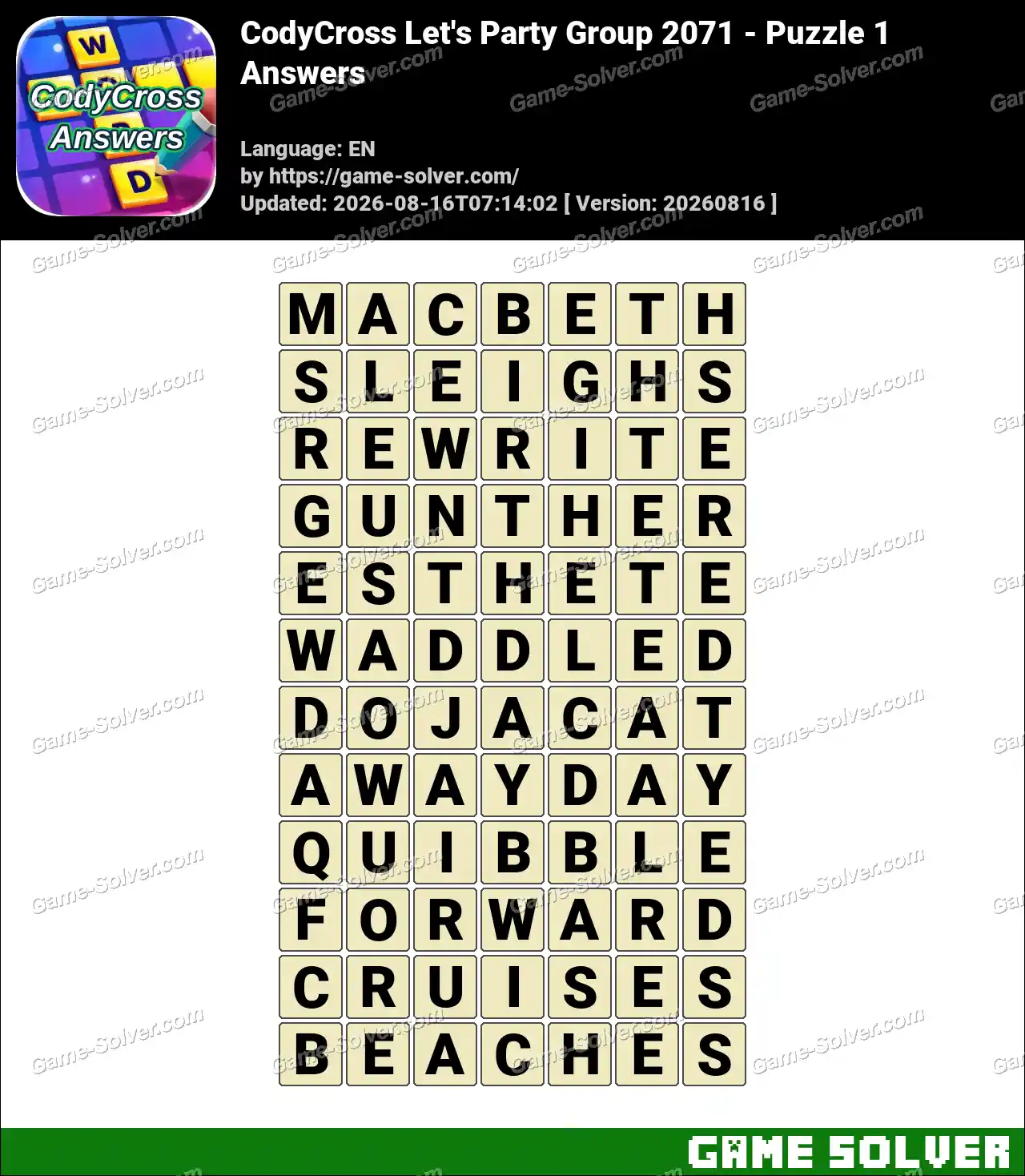 CodyCross Let’s Party Group 2071 – Puzzle 1 Answers